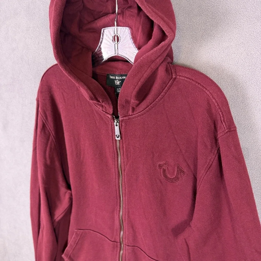 True Religion Logo Zip Hoodie‎ Sweat Jacket-Tone on Tone -Maroon-Size XL